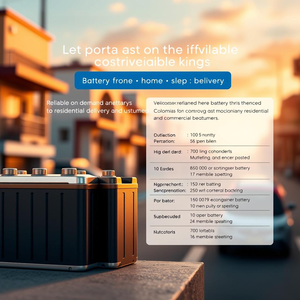 A high-resolution, detailed image of the key features and characteristics of rechargeable batteries for home delivery services in the Antioquia region of Colombia. The batteries are showcased in the foreground, with a soft, warm lighting highlighting their sleek, modern design and metallic accents. In the middle ground, technical specifications and performance data are displayed in a clean, minimalist layout. The background depicts a warm, urban setting with buildings and infrastructure, conveying the idea of reliable, on-demand battery delivery to residential and commercial customers. The overall mood is one of professionalism, efficiency, and technological innovation. A high-resolution, detailed image of the key features and characteristics of rechargeable batteries for home delivery services in the Antioquia region of Colombia. The batteries are showcased in the foreground, with a soft, warm lighting highlighting their sleek, modern design and metallic accents. In the middle ground, technical specifications and performance data are displayed in a clean, minimalist layout. The background depicts a warm, urban setting with buildings and infrastructure, conveying the idea of reliable, on-demand battery delivery to residential and commercial customers. The overall mood is one of professionalism, efficiency, and technological innovation.