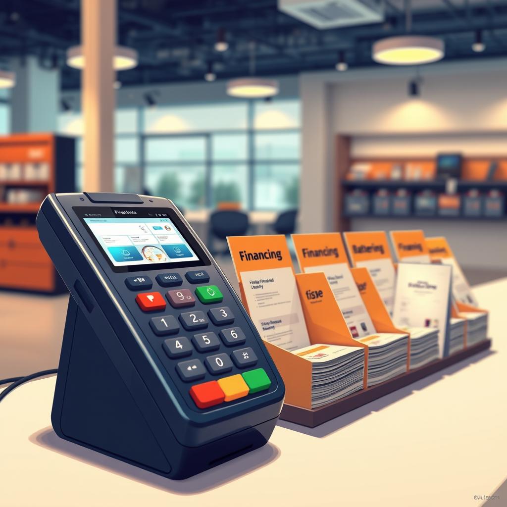 A meticulously detailed illustration of a vibrant payment methods and financing options display. In the foreground, a sleek and modern payment terminal showcases various digital and traditional payment methods. The middle ground features neatly organized brochures and informational materials on battery financing plans, with a warm, inviting color palette. The background subtly depicts a clean, well-lit showroom setting, hinting at the professionalism and reliability of the battery delivery service. Subtle lighting accentuates the textures and materials, creating a sense of depth and elegance. The overall composition conveys a sense of trustworthiness, accessibility, and a commitment to providing seamless payment and financing solutions for customers. A meticulously detailed illustration of a vibrant payment methods and financing options display. In the foreground, a sleek and modern payment terminal showcases various digital and traditional payment methods. The middle ground features neatly organized brochures and informational materials on battery financing plans, with a warm, inviting color palette. The background subtly depicts a clean, well-lit showroom setting, hinting at the professionalism and reliability of the battery delivery service. Subtle lighting accentuates the textures and materials, creating a sense of depth and elegance. The overall composition conveys a sense of trustworthiness, accessibility, and a commitment to providing seamless payment and financing solutions for customers.