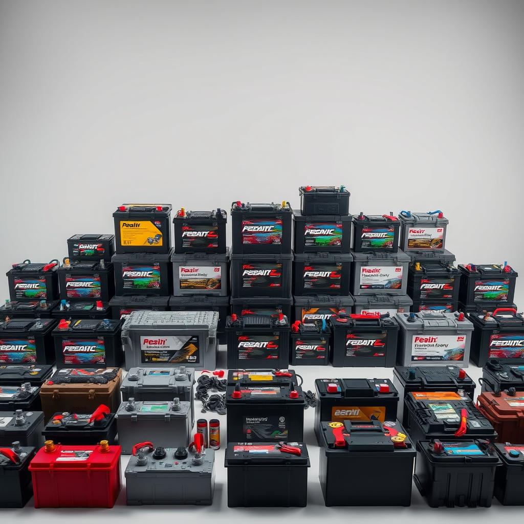 A meticulously detailed image showcasing a diverse array of car battery models and brands against a clean, neutral background. The foreground features an arranged display of various battery types, sizes, and designs, each showcased with careful attention to realistic textures, shadows, and lighting to convey a sense of depth and materiality. The middle ground offers a glimpse of accompanying accessories, such as battery terminals and clamps, seamlessly integrated into the scene. The background maintains a minimal, uncluttered setting, allowing the featured products to take center stage and be the focal point of the composition. The overall mood is one of professionalism, organization, and high-quality automotive parts, suitable for an informative article on car battery options.