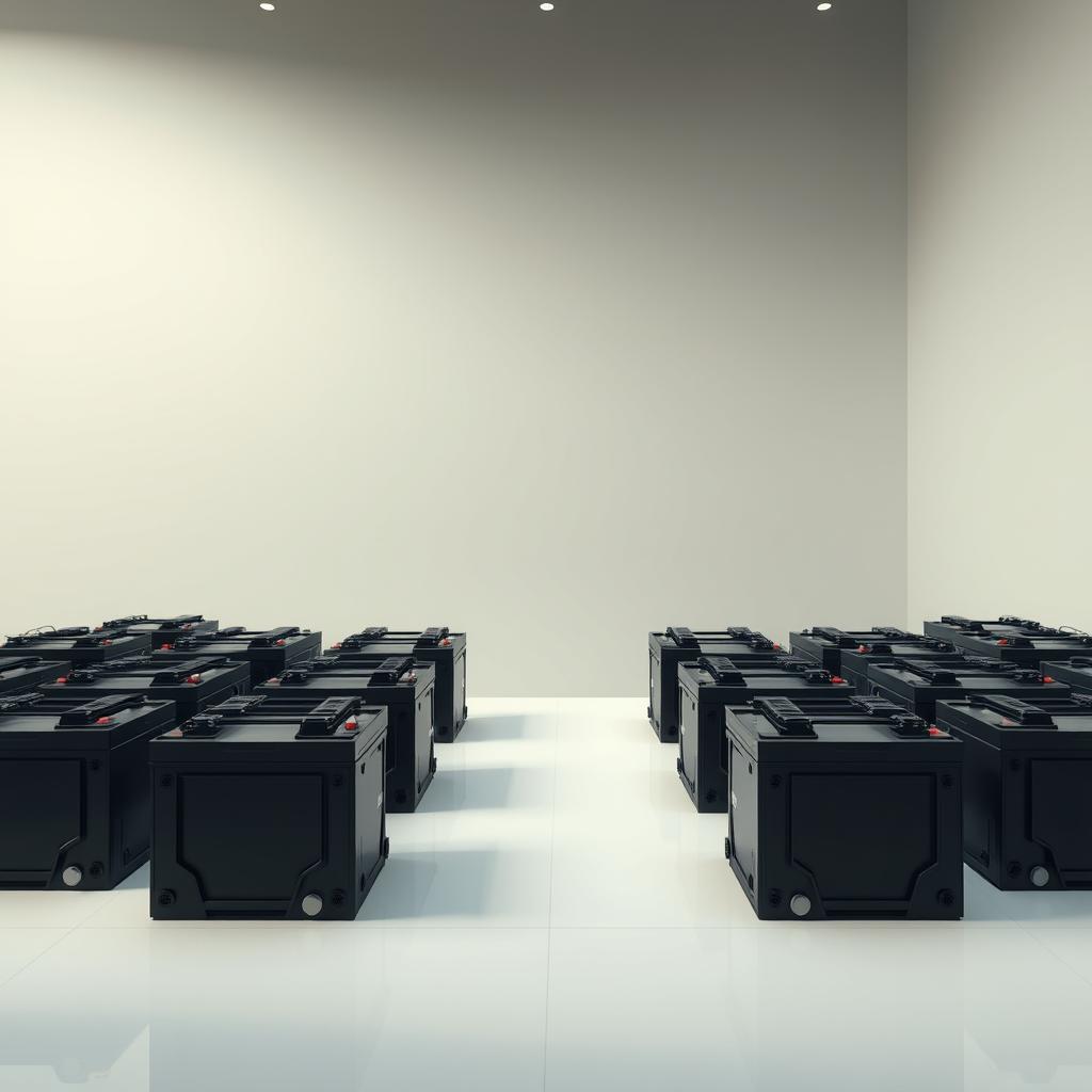 A modern, clean-looking automotive battery display with a sleek, minimalist design. The batteries are arranged in a grid formation, showcasing their advanced technology and modular nature. Soft, diffused lighting illuminates the scene, creating a sense of sophistication and high-tech appeal. The background is a neutral, muted palette, allowing the batteries to take center stage. The camera angle is slightly elevated, providing a dynamic, birds-eye view of the setup. The overall mood is one of innovation, efficiency, and the future of sustainable automotive power solutions.