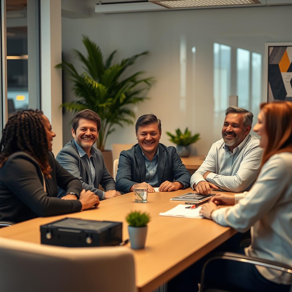 A serene office setting with a diverse group of satisfied customers sitting comfortably around a conference table, engaged in a lively discussion. Warm, soft lighting illuminates their faces, conveying a sense of trust and contentment. The background features tasteful, modern decor and greenery, creating a professional yet inviting atmosphere. The customers' body language and expressions radiate positivity, reflecting their successful experiences with the Cesar car battery products. A sense of collaboration and camaraderie fills the room, highlighting the brand's commitment to customer satisfaction.