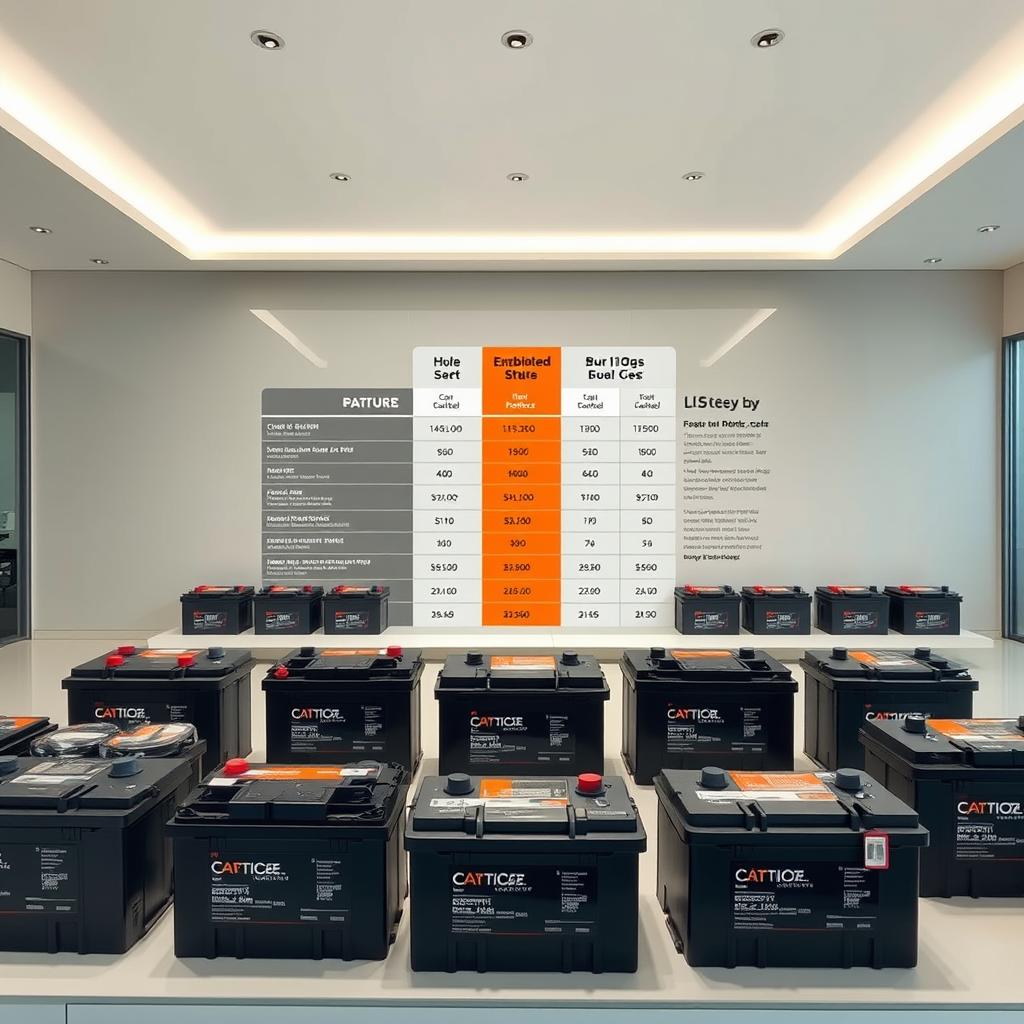 A sleek, modern car battery display in a well-lit showroom. In the foreground, various car battery models are neatly arranged, showcasing their specifications and pricing. The middle ground features a comparative chart highlighting the key features and cost differences between the batteries. The background has a clean, minimalist design with neutral tones, allowing the batteries to take center stage. The lighting is bright and even, creating a professional, informative atmosphere. The overall composition emphasizes the comparative nature of the display, inviting the viewer to easily assess the options and make an informed purchasing decision.