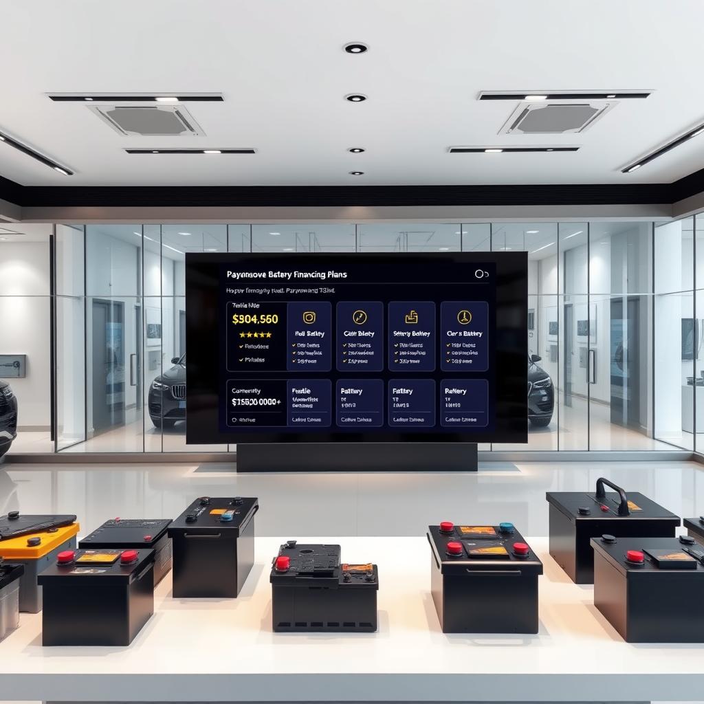 A sleek, modern showroom interior with a central display showcasing various payment options for car batteries. The foreground features an array of battery models in different sizes, shapes, and colors, neatly arranged on a minimalist display table. The middle ground showcases a large interactive touchscreen display, showcasing flexible financing plans, payment methods, and purchase details. The background features clean, contemporary design elements like metallic accents, glass partitions, and soft lighting, creating a professional, high-tech atmosphere. The overall scene conveys a sense of convenience, reliability, and a customer-centric approach to battery purchasing and servicing.