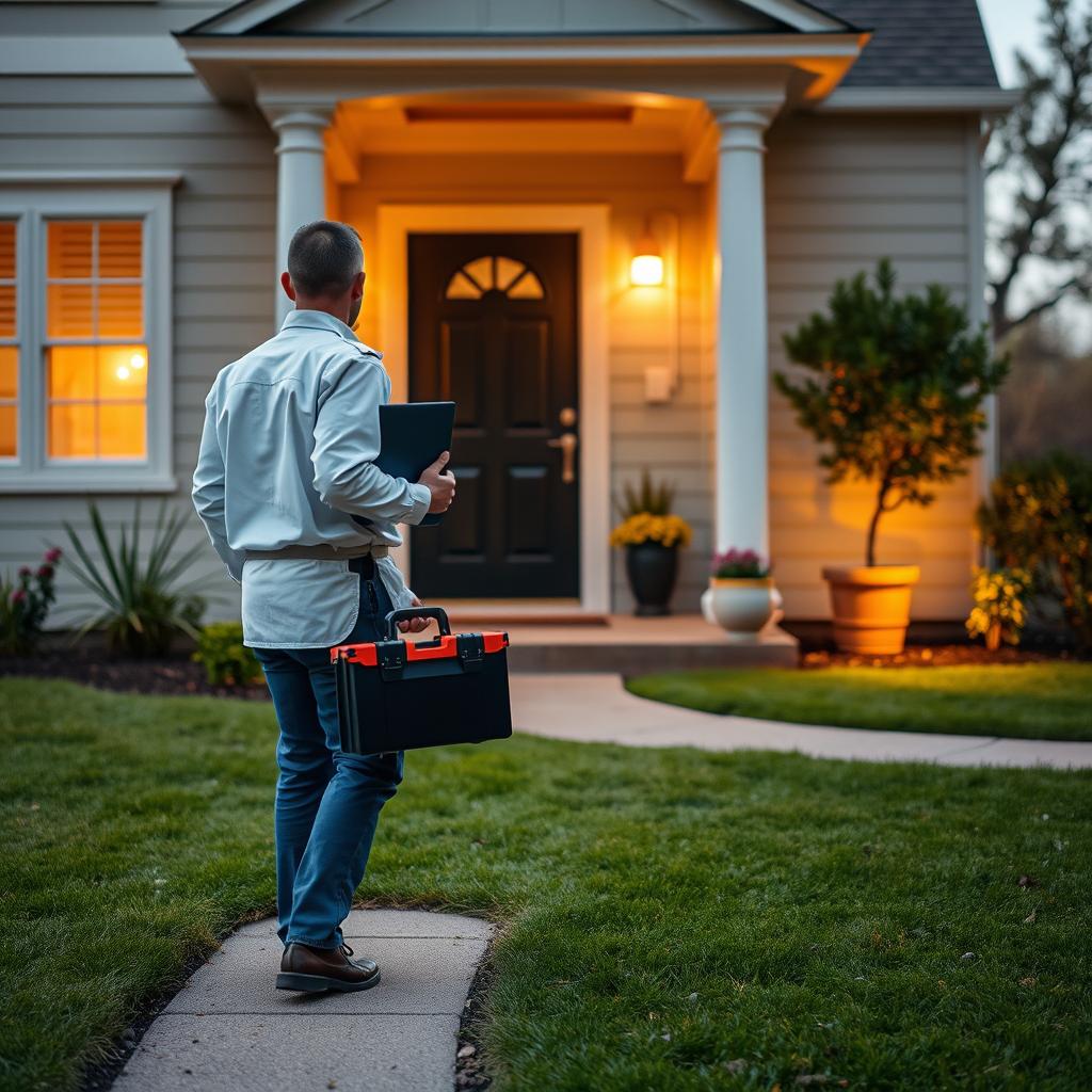 A technician in a clean, white uniform arrives at a residential home, carrying a toolbox and a laptop. The front yard is neatly landscaped, with a well-manicured lawn and a few potted plants. The technician approaches the front door, ready to assist the homeowner with their technical issue. Warm, diffused lighting illuminates the scene, creating a welcoming atmosphere. The camera angle is slightly above eye level, capturing the technician's professionalism and the homeowner's trust in their expertise. A technician in a clean, white uniform arrives at a residential home, carrying a toolbox and a laptop. The front yard is neatly landscaped, with a well-manicured lawn and a few potted plants. The technician approaches the front door, ready to assist the homeowner with their technical issue. Warm, diffused lighting illuminates the scene, creating a welcoming atmosphere. The camera angle is slightly above eye level, capturing the technician's professionalism and the homeowner's trust in their expertise.