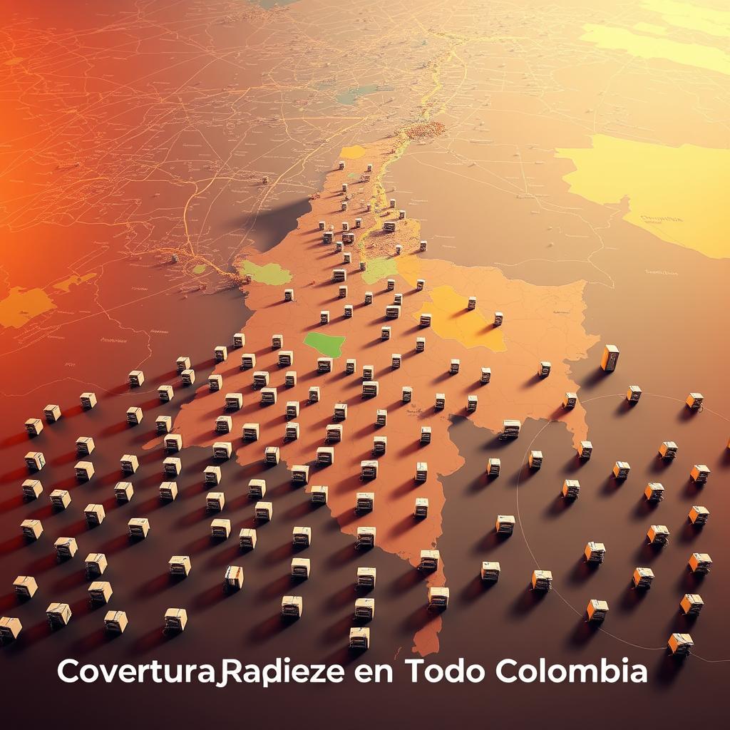 A vast map of Colombia fills the background, its regions rendered in vibrant hues. In the foreground, a network of battery service centers spans the country, represented by neatly arranged icons. The scene is illuminated by warm, directional lighting, casting subtle shadows that convey depth and solidity. The camera angle is slightly elevated, providing a panoramic view that emphasizes the comprehensive coverage of the battery service. The overall mood is one of professionalism, efficiency, and nationwide accessibility, reflecting the "Cobertura y Rapidez en Todo Colombia" theme.