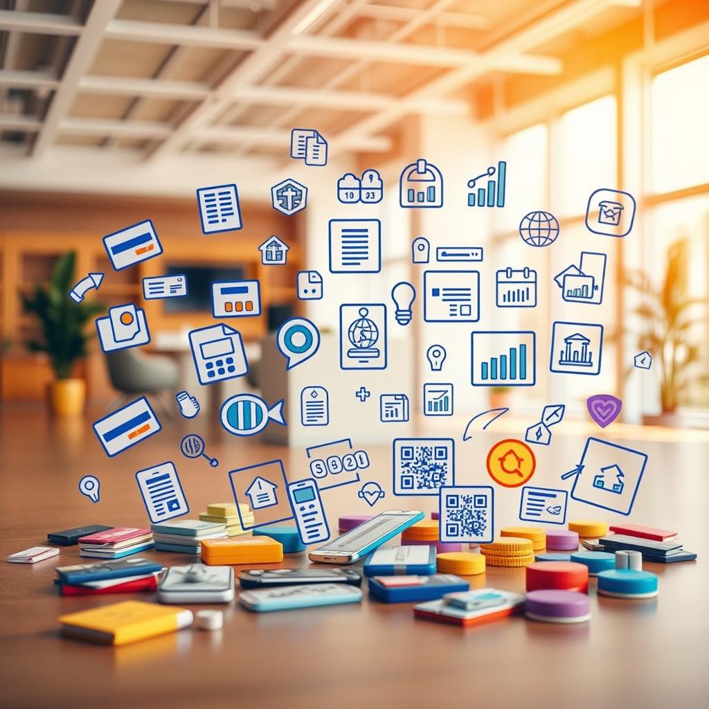 A vibrant and modern financial services setting, capturing the concept of "Flexible Payment Options". The foreground features various payment icons and symbols, including credit cards, mobile payments, and QR codes, arranged in a dynamic and visually appealing composition. The middle ground showcases a diverse array of financial services, such as loan applications, investment portfolios, and budgeting tools, all presented with a clean, minimalist aesthetic. The background depicts a warm, minimalist office environment, with natural lighting streaming in through large windows, creating a sense of openness and approachability. The overall mood is one of efficiency, accessibility, and financial empowerment, reflecting the flexibility and adaptability of the payment options available.