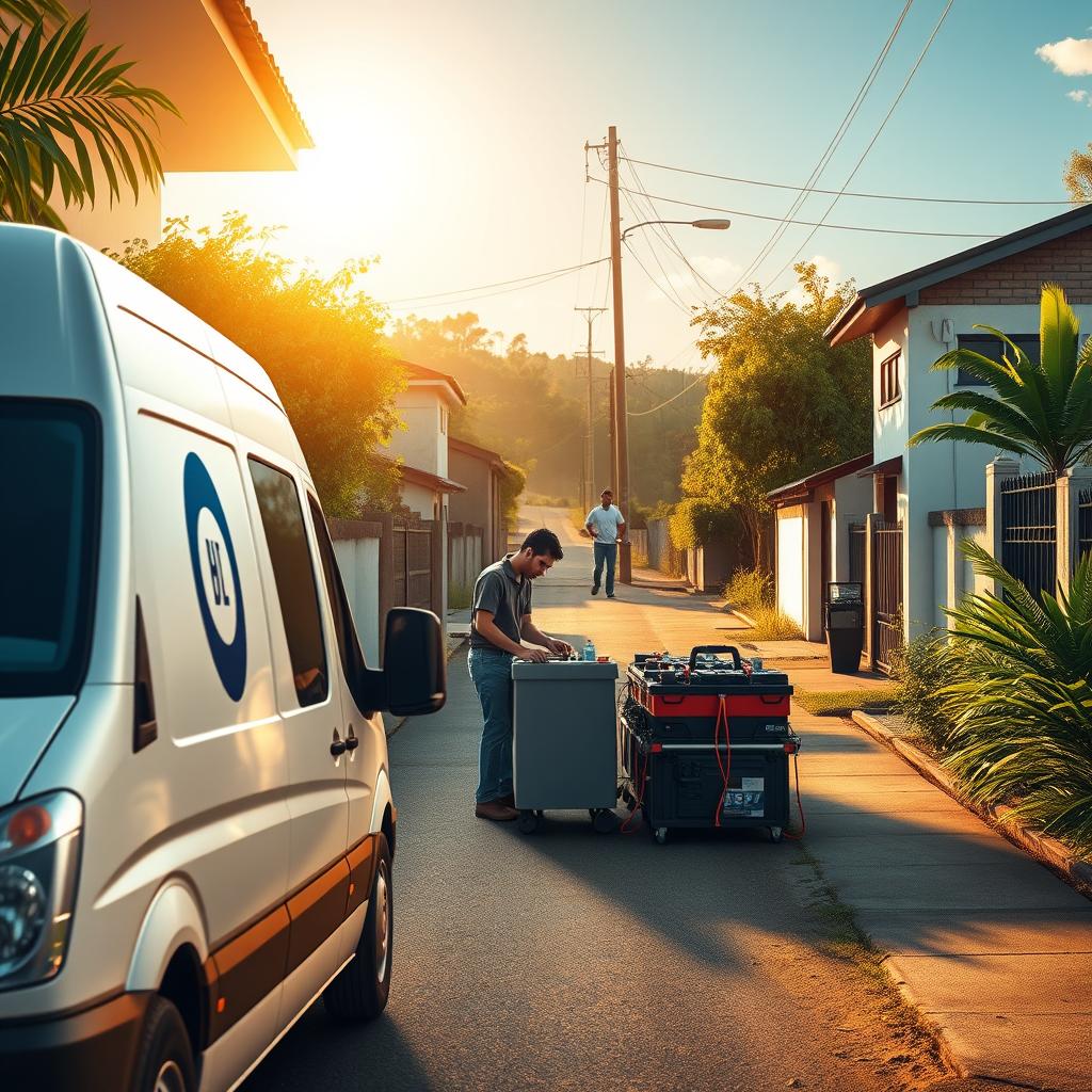 A vibrant and realistic illustration of the battery delivery service process in Cesar, Colombia. In the foreground, a well-equipped delivery van pulls up to a residential home, its side panel displaying the company's logo. The middle ground showcases a technician skillfully installing a new battery, surrounded by tools and equipment. In the background, a warm, sun-dappled street scene unfolds, with lush vegetation and the occasional pedestrian, capturing the local atmosphere. The lighting is natural and warm, creating a sense of comfort and reliability. The camera angle is slightly elevated, providing a comprehensive view of the entire scene and emphasizing the professionalism and efficiency of the battery delivery service.