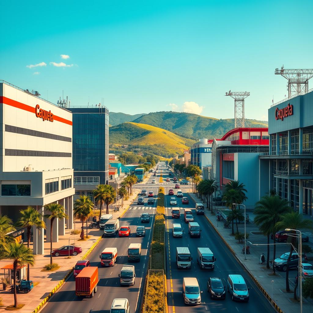 A vibrant cityscape showcasing the prominent "empresas baterías Caquetá", with a clean, modern aesthetic. In the foreground, sleek battery manufacturing facilities stand tall, their facades adorned with bold signage and architectural details. The middle ground features bustling streets lined with delivery vehicles and machinery, hinting at the companies' efficient logistical operations. In the background, lush green hills and a clear blue sky create a picturesque setting, conveying the region's natural beauty. Warm, directional lighting illuminates the scene, casting dramatic shadows and highlighting the companies' state-of-the-art equipment and facilities. The overall composition exudes a sense of industry, innovation, and regional pride.