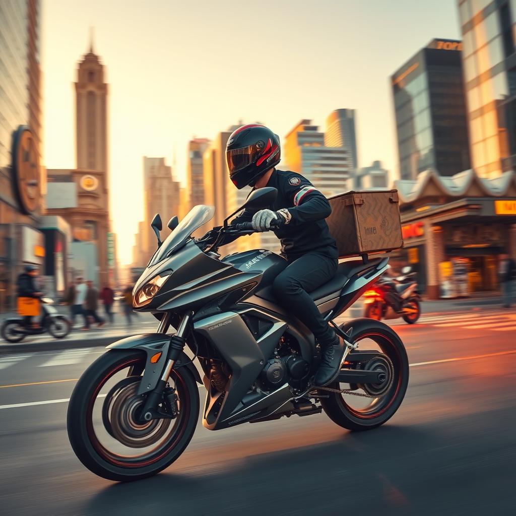 A vibrant, dynamic scene of rapid home delivery. In the foreground, a sleek, high-performance motorcycle weaves effortlessly through city streets, its rider donning a distinctive uniform and helmet. The middle ground showcases a bustling urban landscape, with towering skyscrapers and neon-lit storefronts. Warm, golden lighting casts a vibrant glow, creating a sense of energy and urgency. The background features a clear, cloudless sky, adding to the atmosphere of efficiency and timeliness. The entire scene conveys a strong sense of speed, reliability, and the ability to deliver products to customers' doorsteps with unparalleled swiftness.