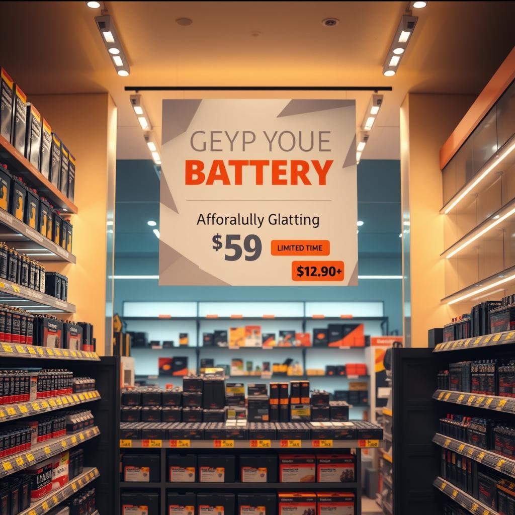 A vibrant storefront display showcasing an array of competitively priced batteries and promotional offers. The foreground features an organized shelf layout highlighting various battery sizes and types, with clear pricing information visible. In the middle ground, a large promotional banner hangs, showcasing a limited-time sale or discount. The background depicts a modern, well-lit interior with sleek shelving, creating a professional and welcoming atmosphere. Warm, directional lighting illuminates the scene, casting a soft glow on the merchandise and creating a sense of quality and attention to detail. The overall composition conveys a message of affordable, accessible battery solutions for the consumer.
