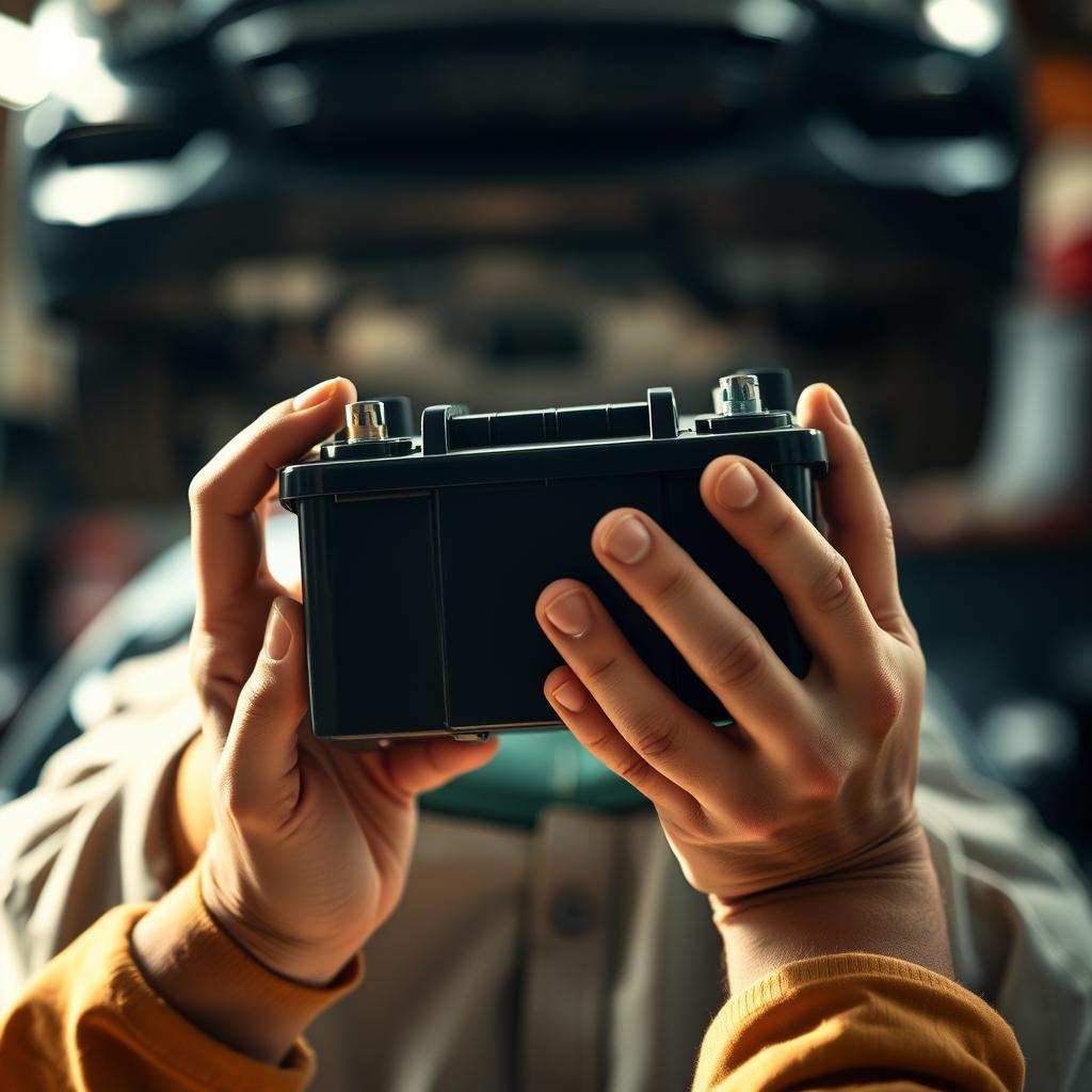 A well-lit and sharply focused close-up of a person's hands holding a car battery against a blurred automotive repair shop background. The person's face is not visible, but their hands are carefully inspecting the battery, evaluating its condition. The lighting is warm and natural, creating a sense of expertise and attentiveness. The overall mood is one of thoughtful analysis, with the battery positioned prominently in the frame to convey the central importance of choosing the correct replacement. The scene exudes a professional, trustworthy atmosphere suitable for an article on battery replacement services.