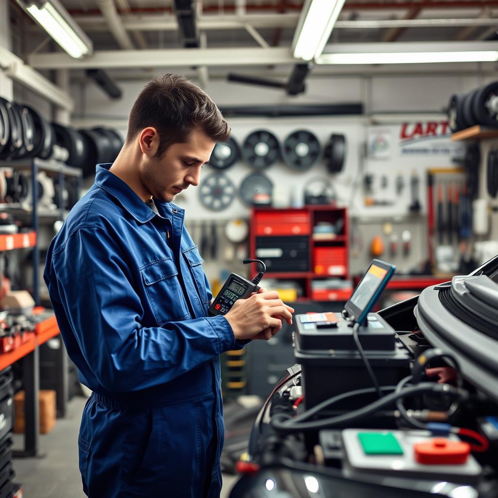 A well-lit automotive repair shop, with an array of diagnostic tools and equipment arranged neatly on workbenches. In the foreground, a technician in a blue jumpsuit carefully examines a car battery, using a voltmeter to assess its charge. The background showcases various car parts and accessories, creating a sense of a comprehensive service offering. The overall atmosphere conveys a professional, efficient, and customer-centric approach to battery maintenance and related services.