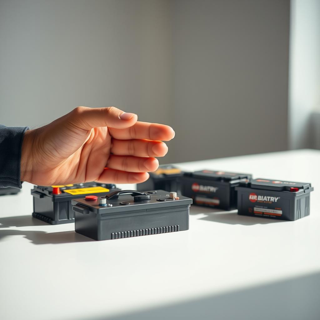 A well-lit, close-up photograph of a person's hand carefully examining and comparing various car battery options arranged on a clean, minimalist tabletop surface. The batteries should be in the foreground, with a blurred background suggesting a simple, neutral setting. The lighting should be soft and natural, creating a sense of thoughtfulness and consideration. The composition should draw the viewer's eye to the decision-making process, conveying the importance of selecting the right car battery.