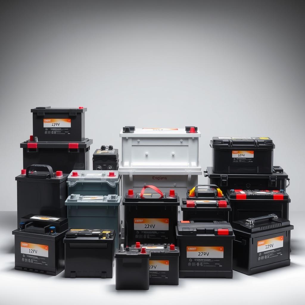 A well-lit display of various types of automotive batteries, showcasing their diverse sizes, shapes, and terminals. Batteries of different capacities, from compact 12V units to heavy-duty commercial batteries, are arranged in a visually appealing manner, allowing viewers to compare and contrast the options. The batteries are presented against a neutral background, with subtle shadows and highlights to accentuate their three-dimensional form. The overall composition conveys a sense of professionalism, highlighting the variety and quality of the automotive battery selection available.