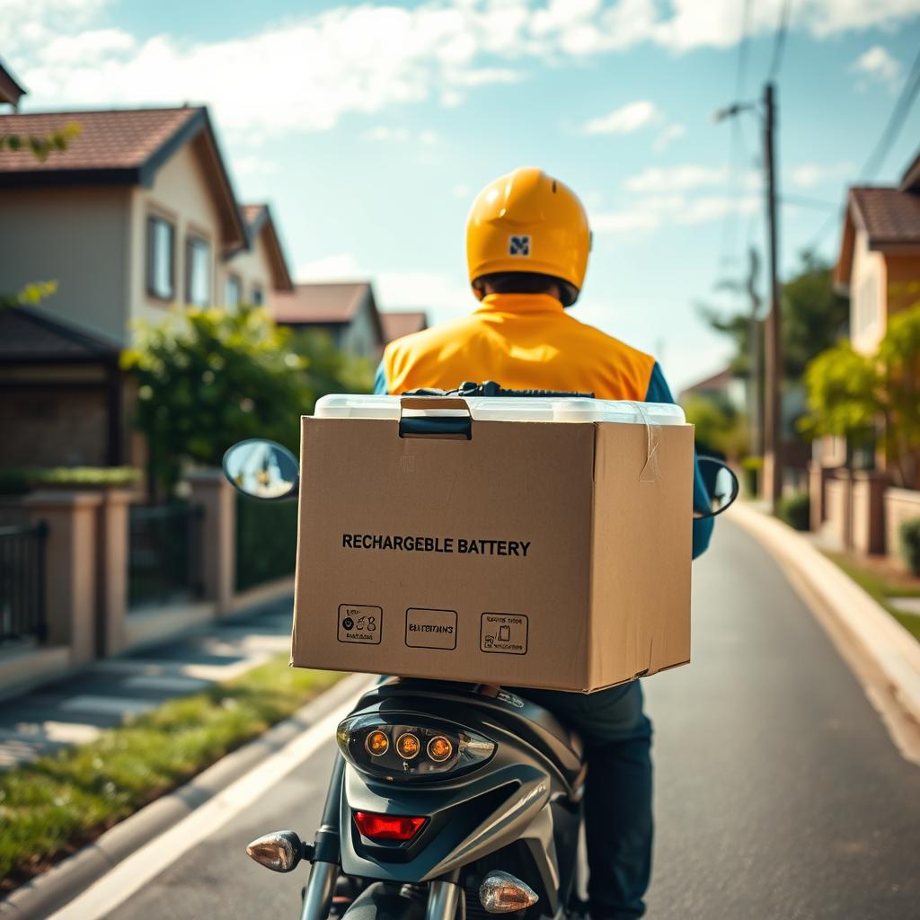 A well-lit, high-angle shot of a delivery person riding a motorbike, carrying a large box full of rechargeable batteries. The background shows a residential neighborhood with tidy houses, lush greenery, and a clear blue sky. The delivery person wears a bright uniform and helmet, conveying a sense of efficiency and reliability. The box is prominently displayed, drawing the viewer's attention to the "delivery of batteries" theme. The overall scene exudes a calm, professional atmosphere, reflecting the "variety of options for vehicles" mentioned in the section title.