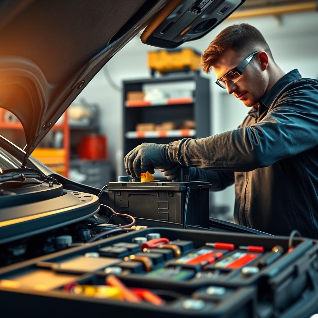 A well-lit, high-resolution image of a professional battery installation service in a domestic setting. The foreground shows a technician carefully and safely securing a new battery into a car's engine bay, wearing protective gloves and goggles. The middle ground features a toolbox with organized tools and supplies. The background showcases a clean, modern workshop with organized shelving and a sense of order and reliability. The lighting is warm and inviting, conveying a feeling of professionalism and trustworthiness. The overall composition emphasizes the care, attention to detail, and commitment to safety that characterizes the battery installation service. A well-lit, high-resolution image of a professional battery installation service in a domestic setting. The foreground shows a technician carefully and safely securing a new battery into a car's engine bay, wearing protective gloves and goggles. The middle ground features a toolbox with organized tools and supplies. The background showcases a clean, modern workshop with organized shelving and a sense of order and reliability. The lighting is warm and inviting, conveying a feeling of professionalism and trustworthiness. The overall composition emphasizes the care, attention to detail, and commitment to safety that characterizes the battery installation service.