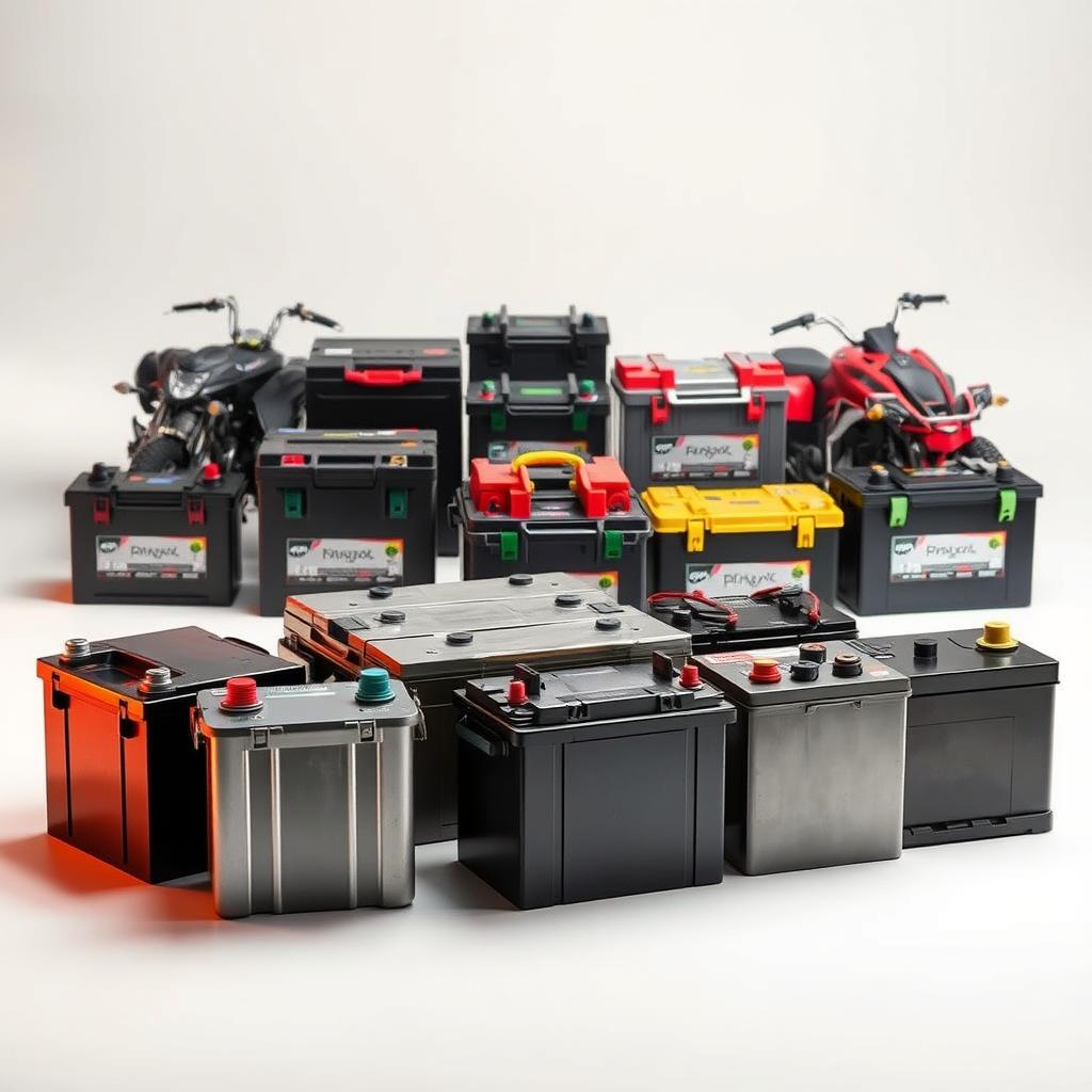 A well-lit, high-resolution image showcasing different types of vehicle batteries. Prominently featured in the foreground are several car batteries in various sizes and shapes, their metallic casings gleaming under warm studio lighting. In the middle ground, a selection of motorcycle and ATV batteries are neatly arranged, their color-coded terminals and labels visible. The background gradually fades into a clean, neutral backdrop, allowing the batteries to take center stage. The overall composition conveys a sense of technical expertise and product availability, suitable for illustrating a section on "Tipos de Baterías Disponibles para tu Vehículo".