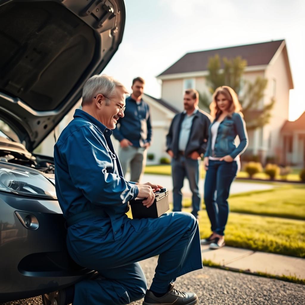A well-lit, realistic scene depicting a technician changing a car battery in a residential setting. In the foreground, a middle-aged mechanic in a blue jumpsuit kneels beside an open car hood, carefully connecting a new battery. In the middle ground, the homeowner stands nearby, observing the process. The background features a suburban neighborhood with neatly landscaped yards and a clear, sunny sky. The scene conveys a sense of professionalism, efficiency, and customer service, capturing the essence of a mobile battery replacement service.