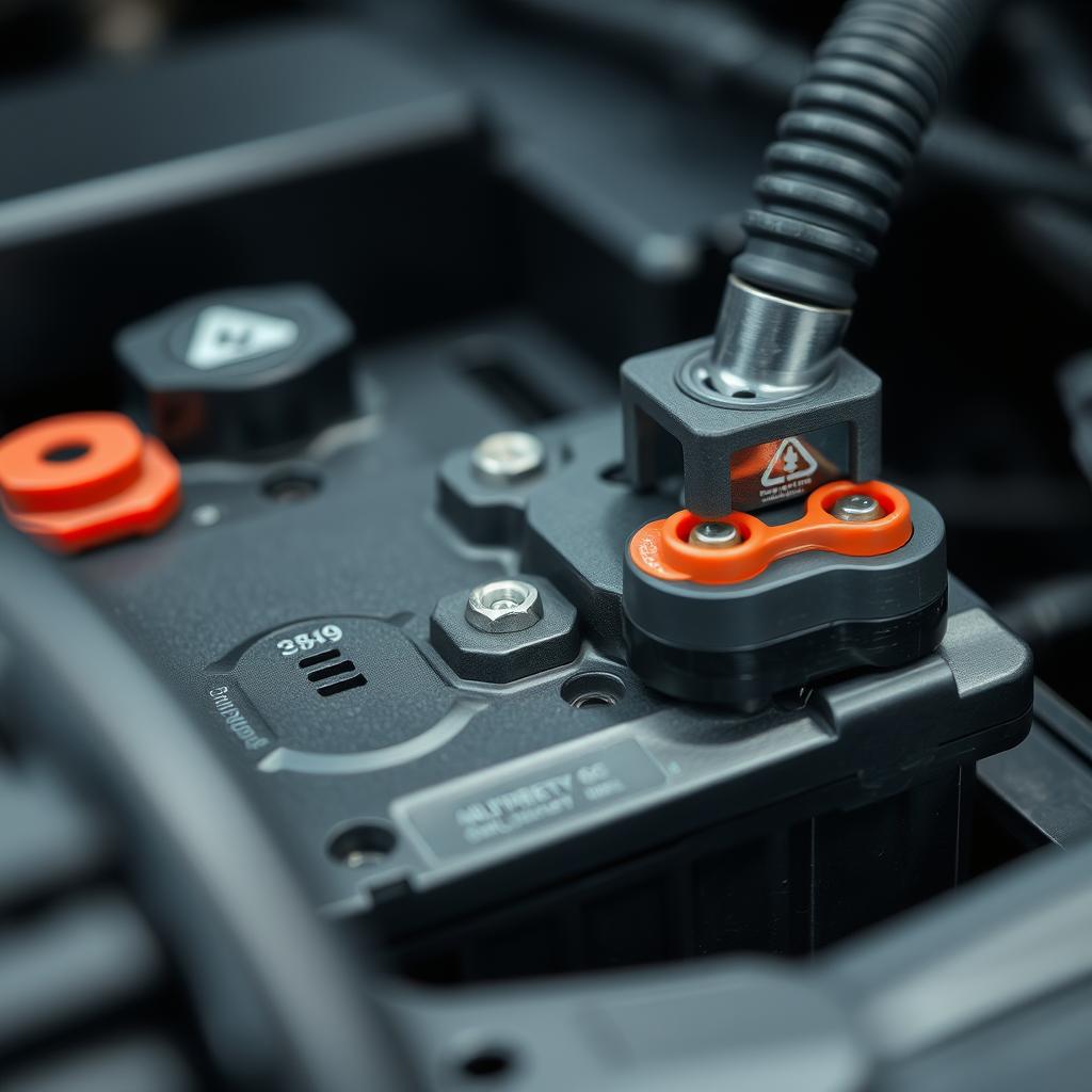 Detailed diagnostic and technical assessment of a car battery. A close-up view of the battery terminals and casing, showcasing the intricate components and connectors. The image has a technical, industrial aesthetic with clean lighting and a neutral background, emphasizing the precision and expertise required for proper battery evaluation. The composition highlights the battery's details, conveying a sense of thorough inspection and assessment. Subtle shadows and highlights accentuate the textural details, giving the image a high-quality, professional look suitable for an informative article on battery servicing.