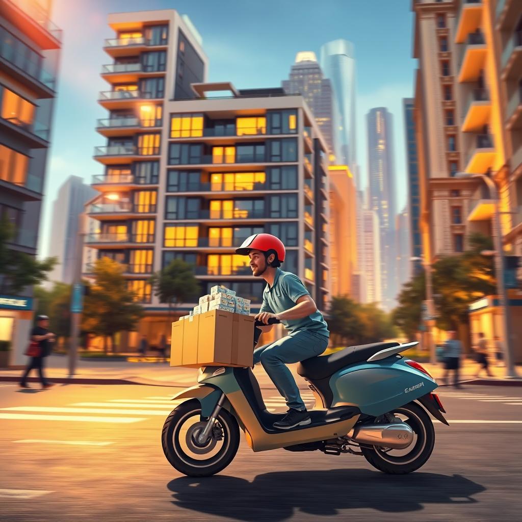 Repartidor en moto en la ciudad